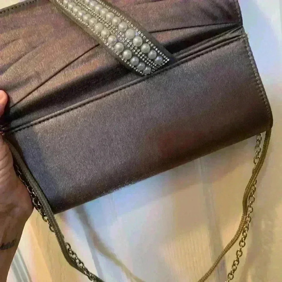 Kate Landry evening bag metallic grayish fabric, pearl and rhinestone accent ￼ - Picture 9 of 9